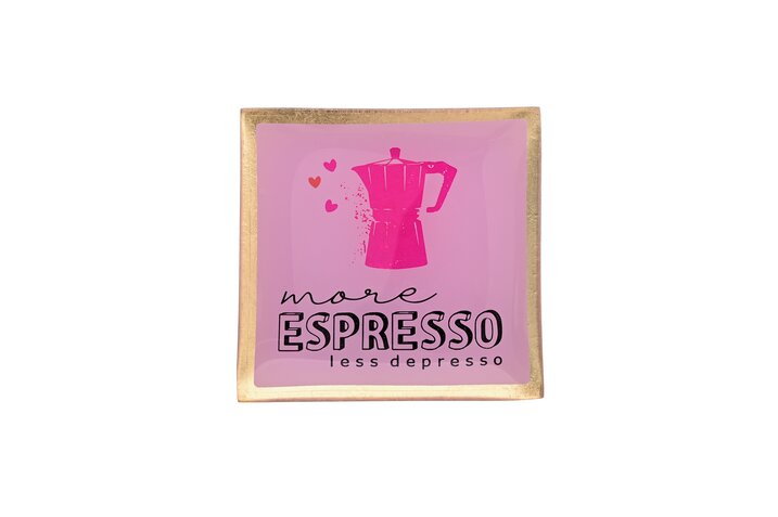 Love Plates, glass plate S, motive: More espresso less depresso, pink