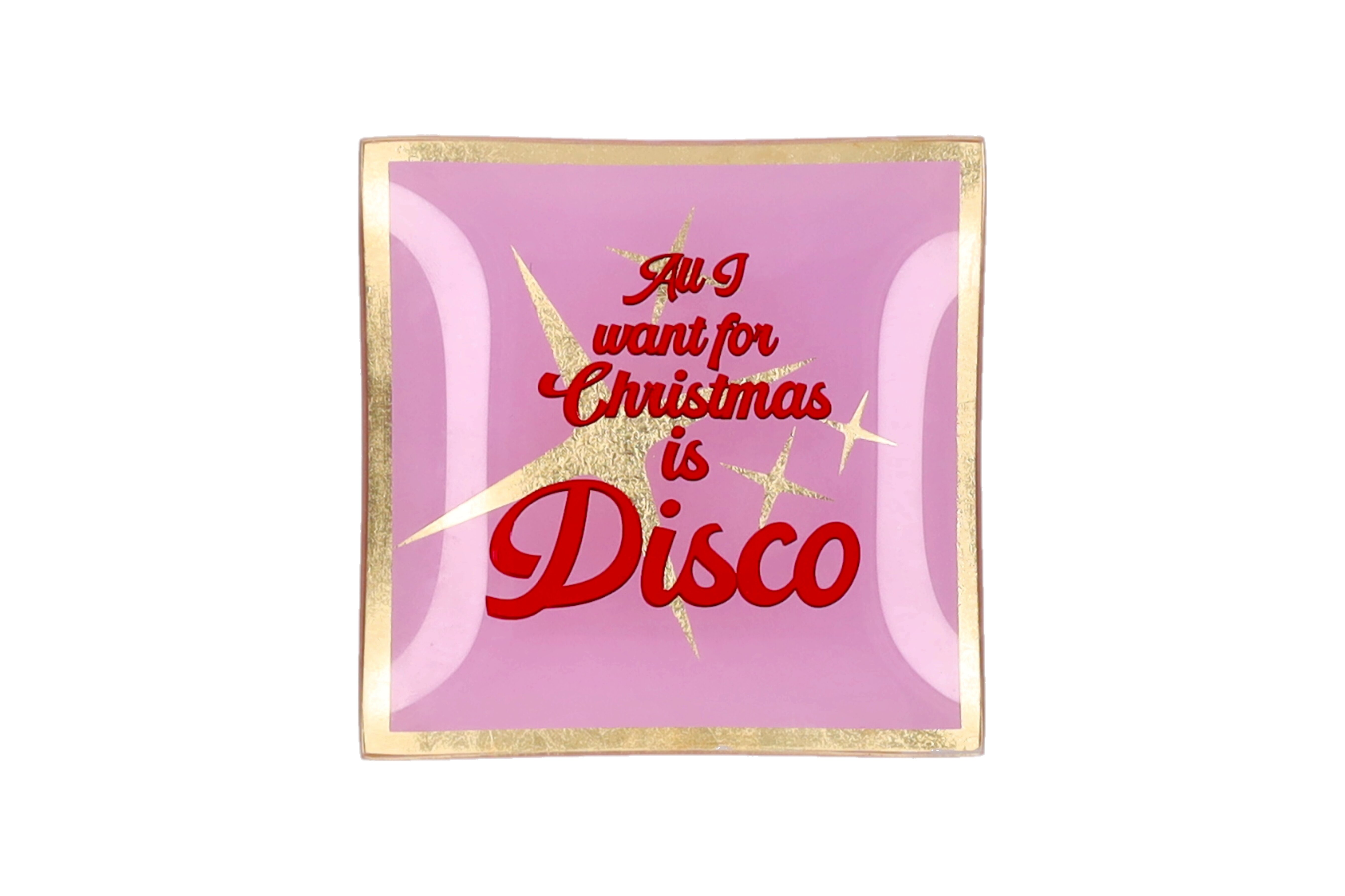 Love Plates, glass plate S, motive: All i want for Christmas is Disco, pink/red