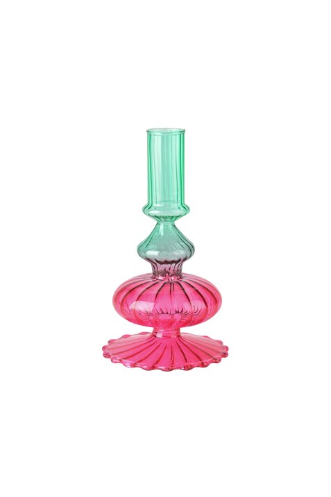 Voile, candle holder, h15,5cm, borosilicate glass, green/dark pink, sprayed