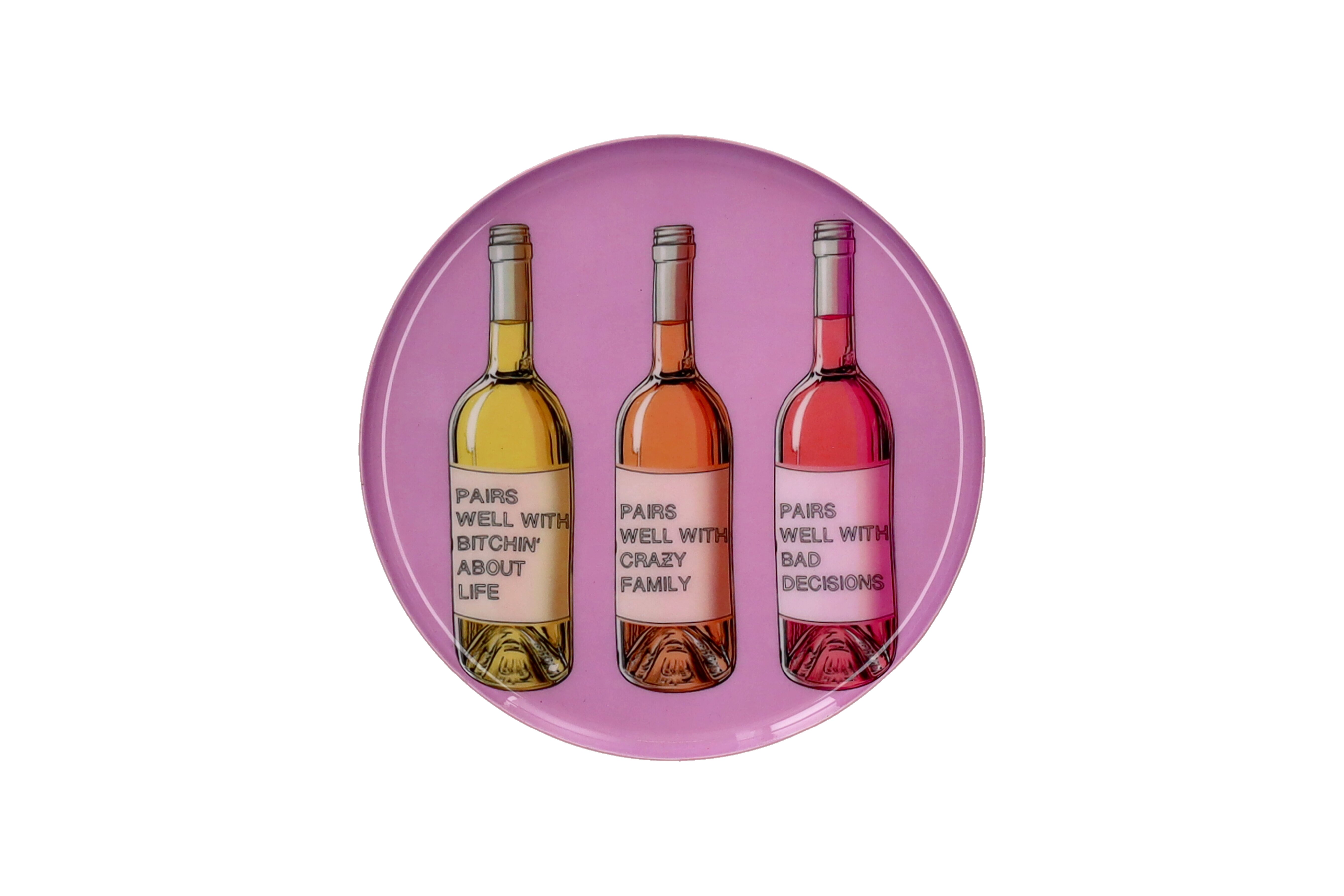 Love Trays, deco tray, S, motive: wine bottles, round, pink