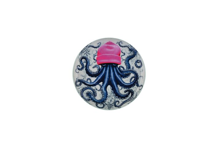 Love Trays, deco tray, XS, motive: octopus w. beanie, round, dark blue/pink