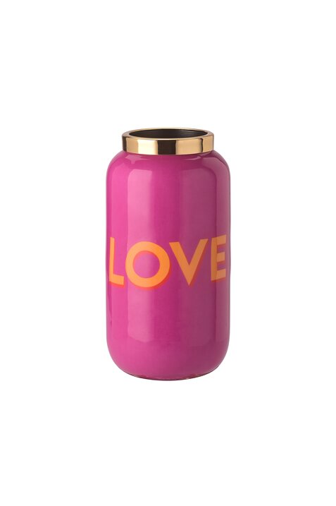 Saigon, Vase mit Metallring, XXS(H12cm), Motiv: Love, fuchsia/gold