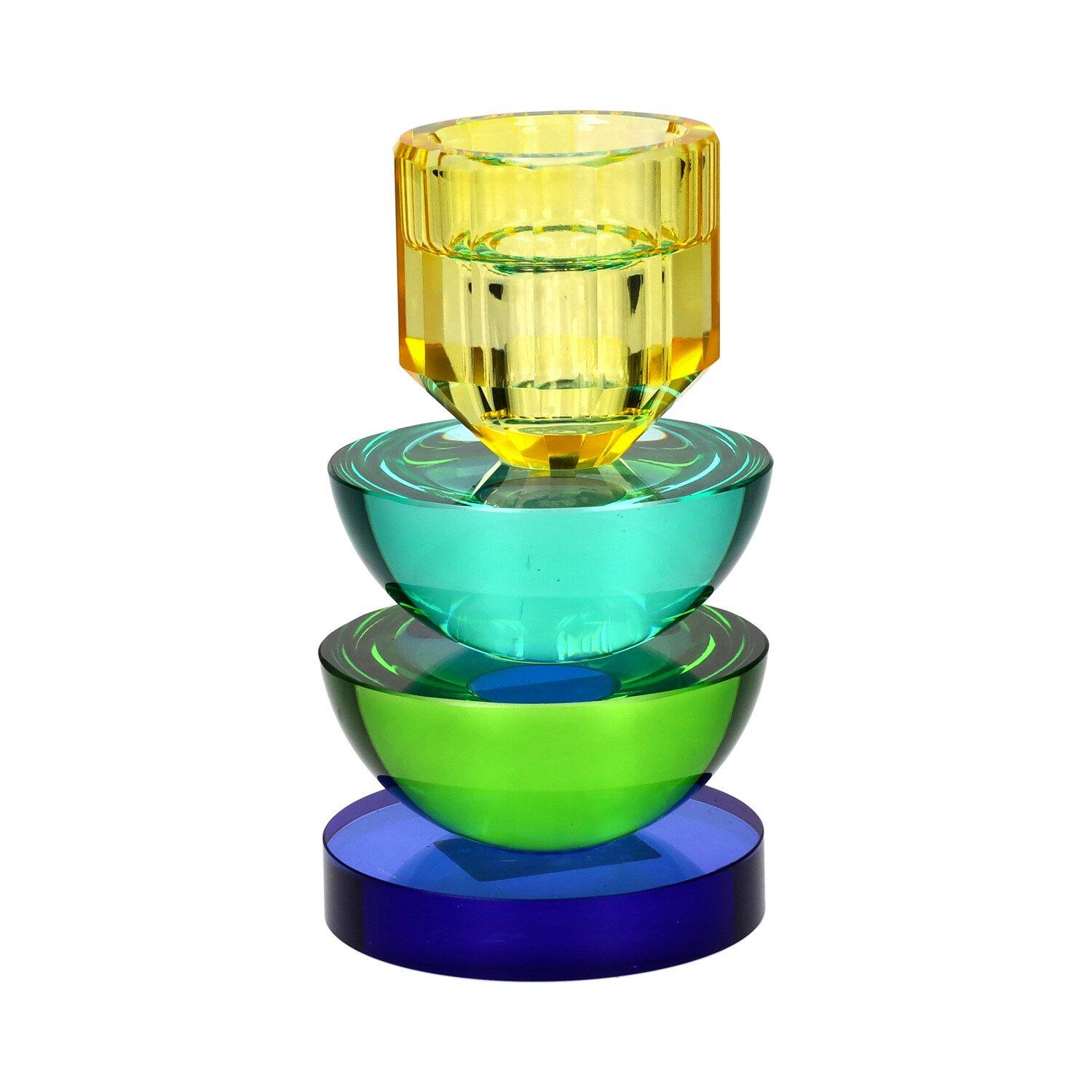 Sari, crystal glass, candle holder h14cm, round, blue/green/yellow, sprayed