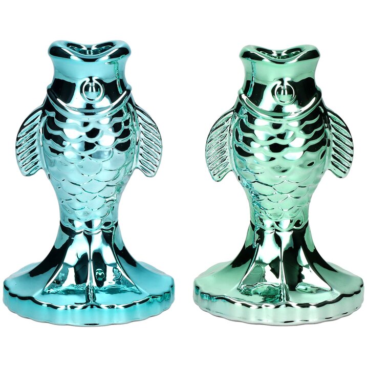 Jacquard, candle holder fish assorted of 2pcs., S(H12,5cm), blue/green, sprayed