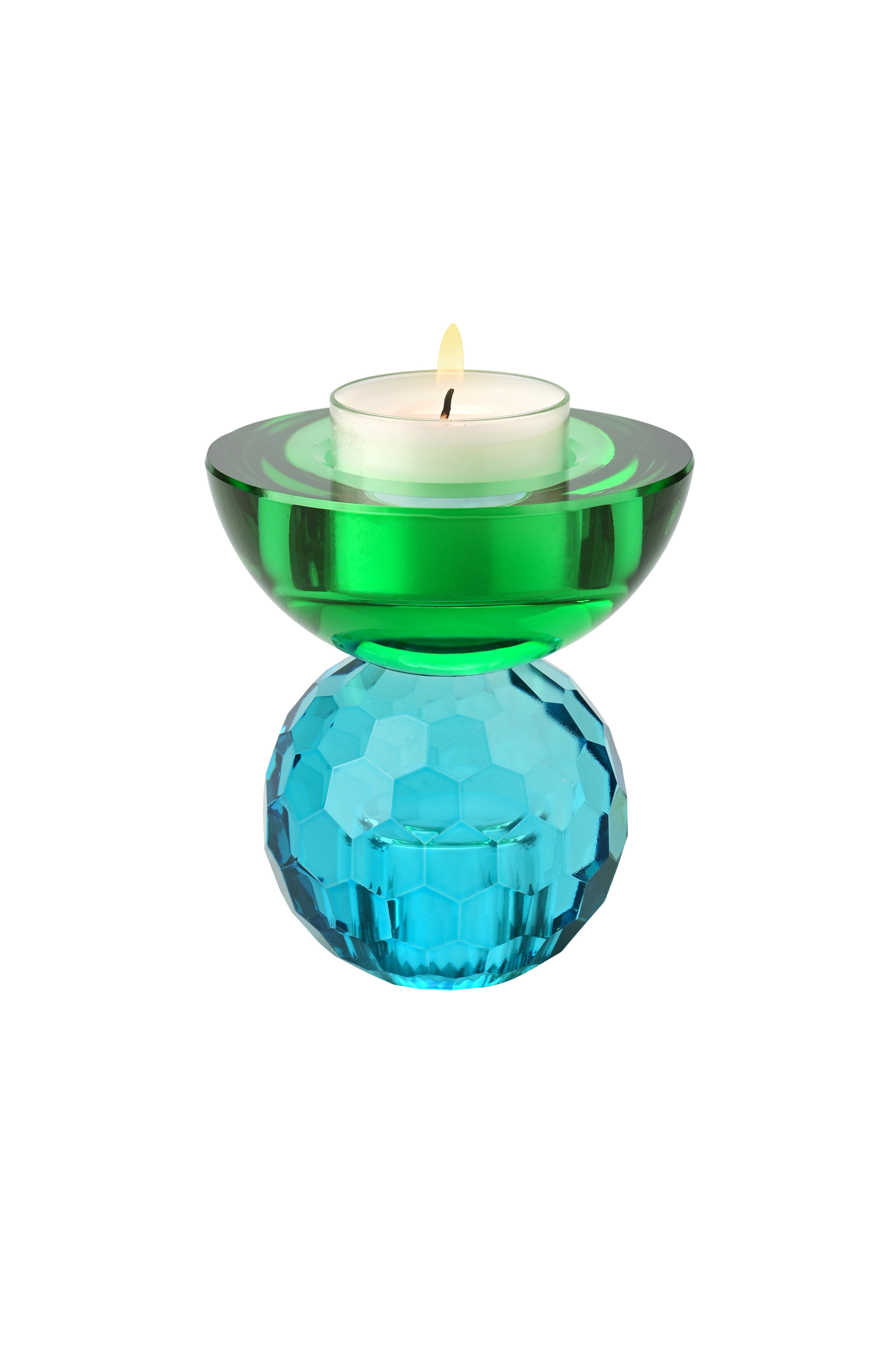 Sari, crystal glass, candle holder/tealight holder, ball/cabochon, blue/green, sprayed